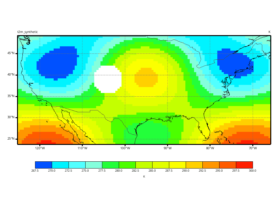 Synthetic continental United States temperature field shown on its original latitude-longitude grid before reprojection