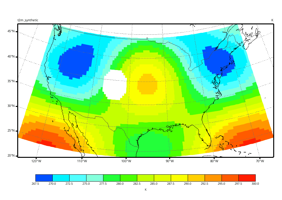 The same synthetic continental United States temperature field transformed onto a Lambert Conformal grid