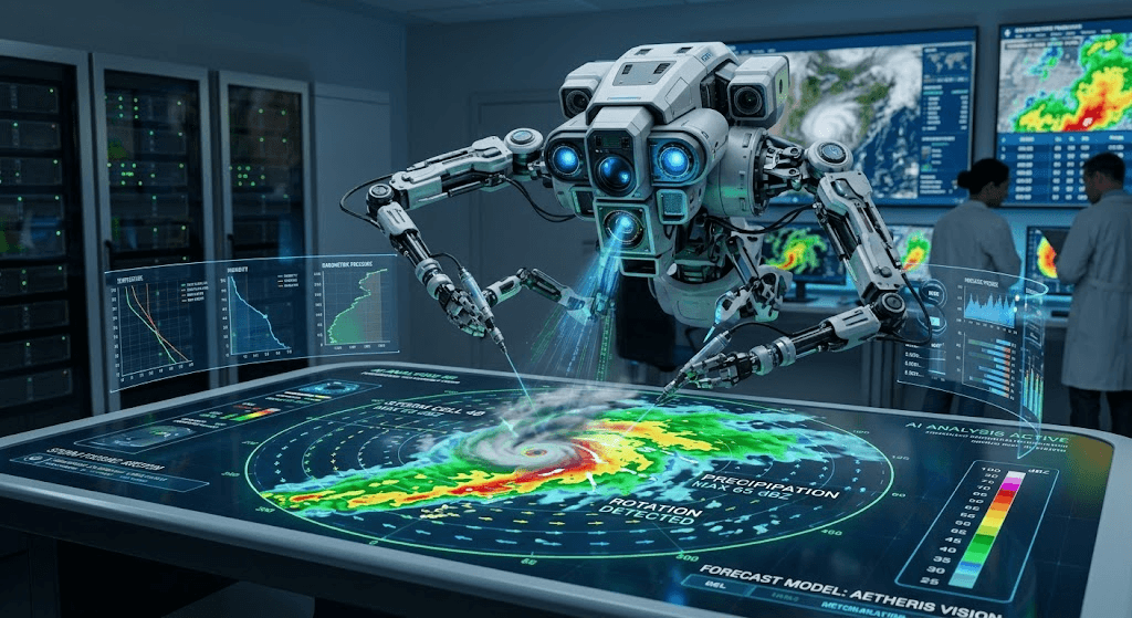 Concept illustration of a robotic AI system analyzing hurricane forecast data in a meteorology operations center